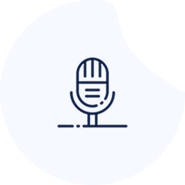 Illustration of a vintage microphone outlined in navy blue on a white abstract background.