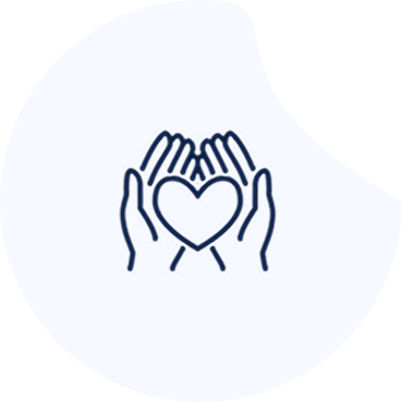 Icon of two hands holding a heart, enclosed in a circular shape with a white background.